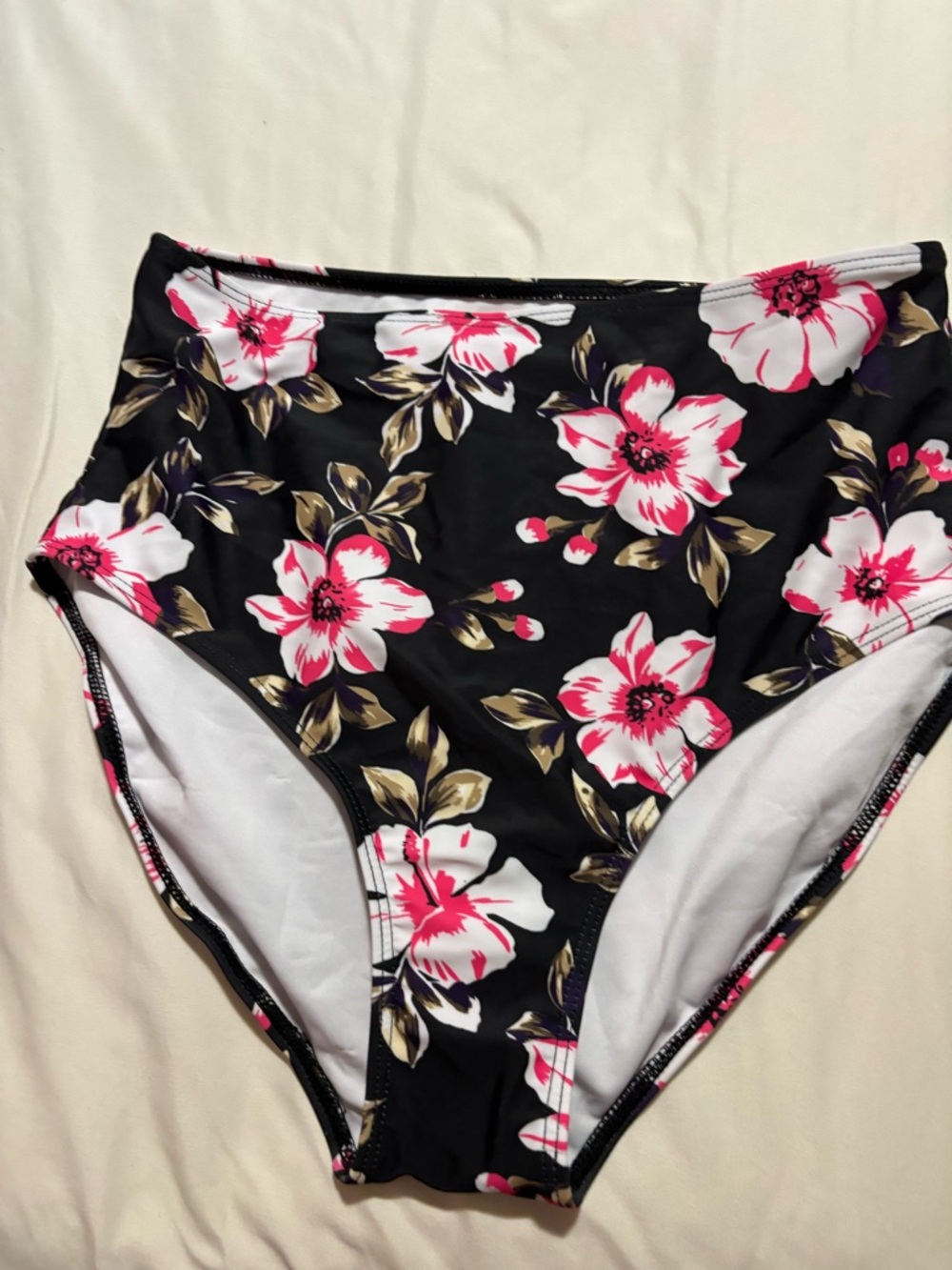 High-Waist Floral Bikini Bottoms - Black with Pink & Cream Flowers